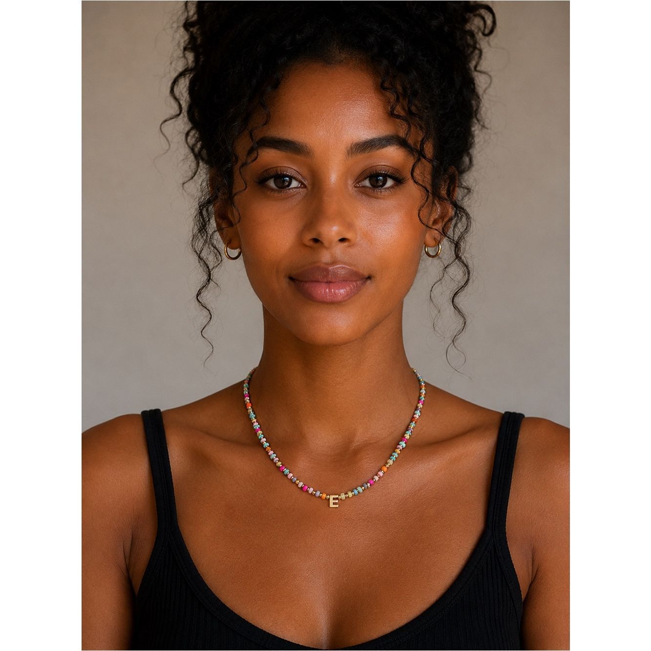 Gold Initial 'E' Multicolor Bead Necklace